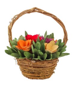 10 in. Handcrafted Multicolor Floral Basket with vibrant wooden flowers and lush greenery