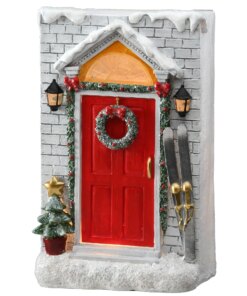 10 in. Holiday Door Front featuring a vibrant red door and glittered garlands