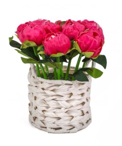 10 in. Spring Pink Peony Flower Bouquet in White Basket