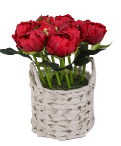 10 in. Spring Red Peony Flower Bouquet in White Basket