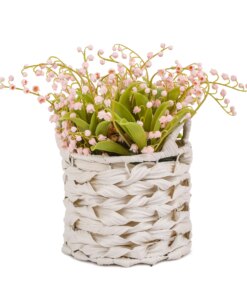 11 in. Spring Pink Lily-of-the-Valley Flowers in White Basket