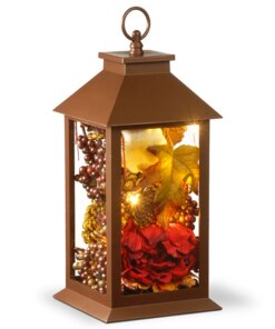 12 in. Fall Lantern with LED Lights, Filled with Pumpkins, Leaves, Flowers, Berry Clusters