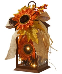 12 in. Fall Lantern with LED Lights, Filled with Sunflower Blooms, Leaves, Pinecones, Berry Clusters