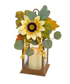 13 in. Fall Lantern with Sunflower, Maple Leaves, Eucalyptus, Berry