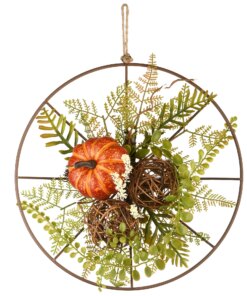 13 in. Flower Circle Hanging Fall Decoration with Fern Fronds, Leaves, Pumpkins, Twig Cones