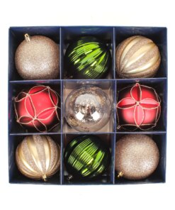 13 in. Gold Xmas Ball Decor Set featuring nine vibrant ornaments