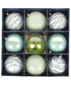 13 in. Mint Xmas Ball Decor Set featuring nine ornaments in silver, blue, and green
