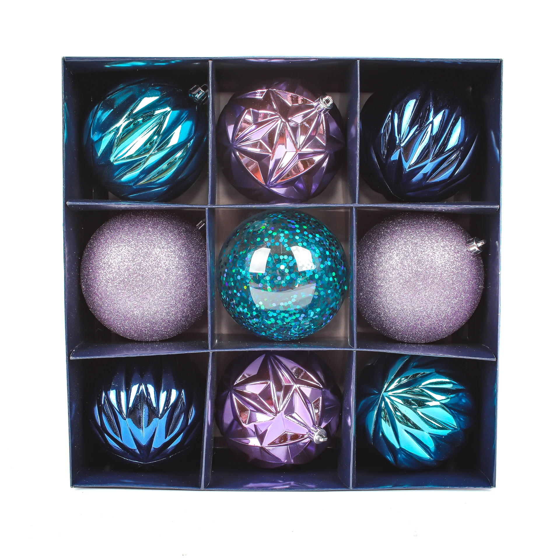 13 in. Purple Xmas Ball Decor Set featuring blue and lavender ornaments