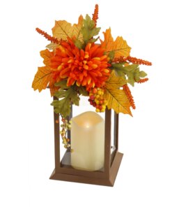 14 in. Fall Lantern with Mum Flower, Mixed Leaves, Berry