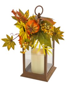 14 in. Fall Lantern with Sunflower, Mixed Leaves, Berry, Pumpkin