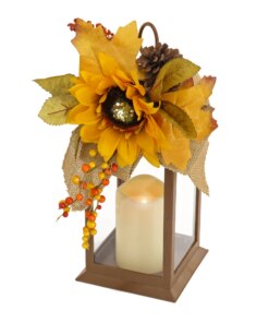 14 in. Fall Lantern with Sunflower, Mixed Leaves, Pinecone and Bow
