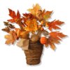 16 in. Fall Flowers in Wicker Basket with Pumpkins, Gourds, Berry Clusters, Burlap, Maple Leaves