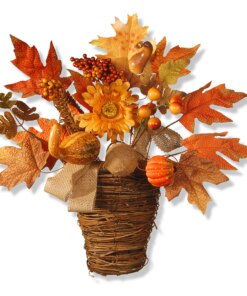 16 in. Fall Flowers in Wicker Basket with Pumpkins, Gourds, Berry Clusters, Burlap, Maple Leaves