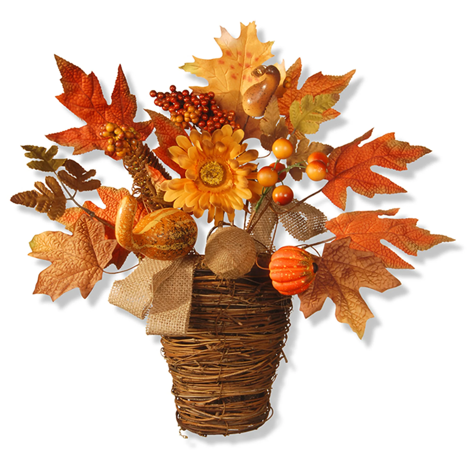 16 in. Fall Flowers in Wicker Basket with Pumpkins, Gourds, Berry Clusters, Burlap, Maple Leaves