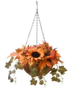 18 in. Fall Hanging Basket with Ivy Leaves, Sunflowers, Cones, Berries, Gourds, Pumpkin