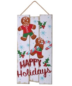18 in. Holiday Wall Art featuring a Happy Holidays Gingerbread Wooden Wall Sign