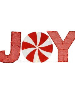 18 in. Pre-Lit JOY Decoration, Plug-In with warm white LED lights and red tinsel