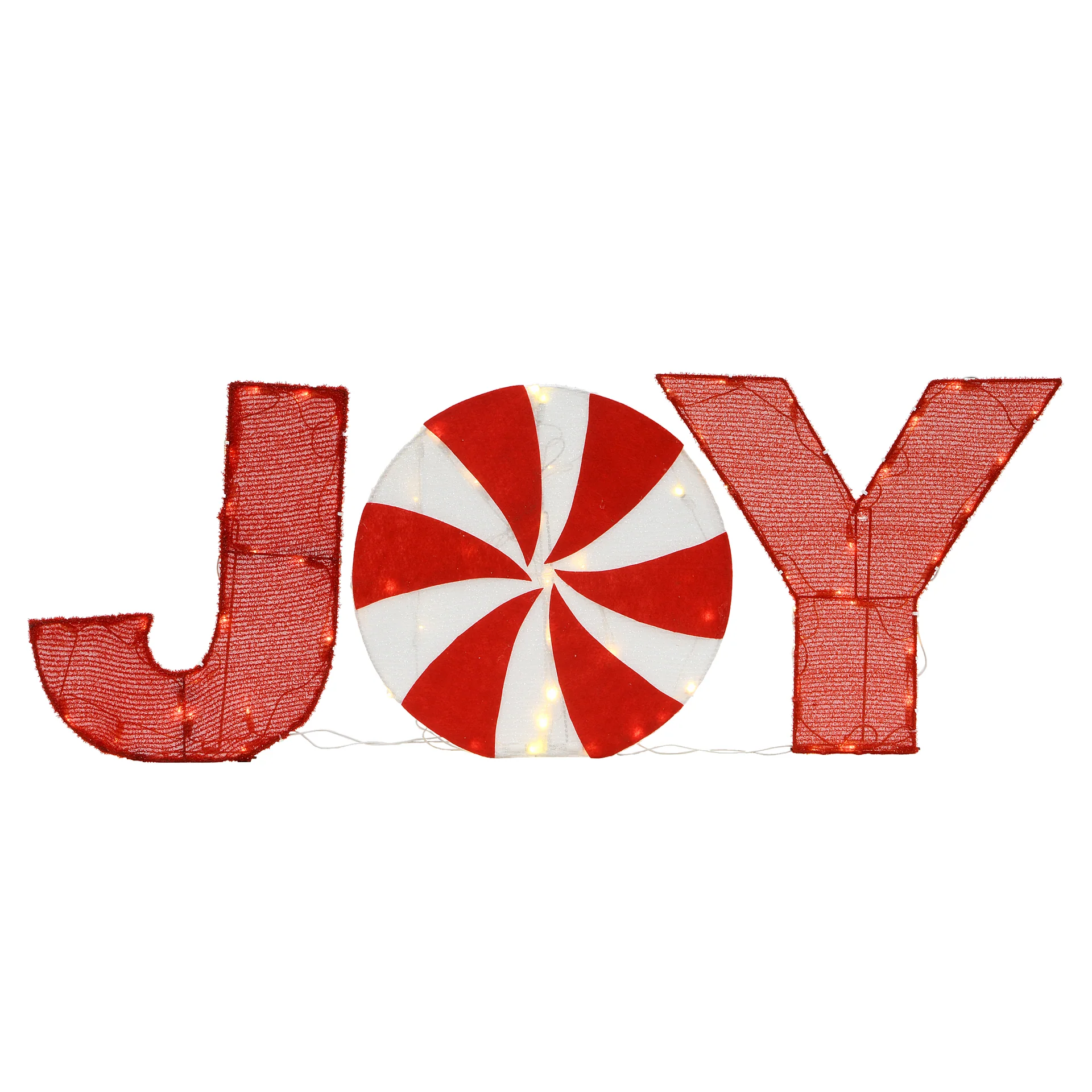 18 in. Pre-Lit JOY Decoration, Plug-In with warm white LED lights and red tinsel