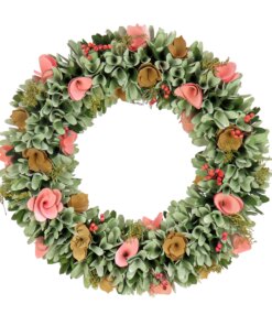 18 in. Spring Wreath with Pink and Brown Assorted Wood Cut Flowers, Flowing Green Leaves