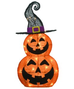 19 in. Halloween Pre-Lit Stacked Pumpkins in Witch's Hat Outdoor Decoration with LED Lights