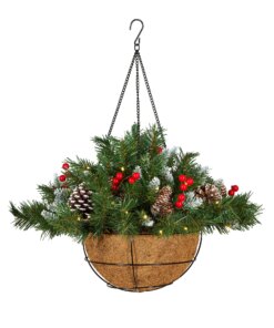 20 in. Pre-Lit Frosted Berry Hanging Basket with Warm White LED Lights