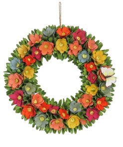 20 in. Spring Wreath with Colorful Assorted Wood Cut Flowers, Flowing Green Leaves