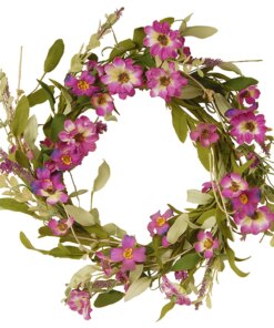 20 in. Spring Wreath with Purple Daisy Blooms, Lavender Flowers, and Leafy Greens