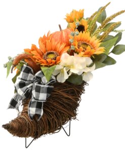 20 in. Wicker Cornucopia Basket Decoration with Pumpkins, Sunflower Blooms, Assorted Leaves