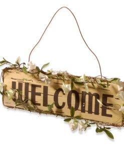 21 in. Spring Hanging Welcome Sign, Lightweight Wooden Construction with Leafy Vine Trim