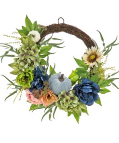 22 in. Fall Wreath with Mixed Leaves, Hydrangea, Peony and Pumpkin