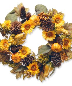 22 in. Fall Wreath with Pumpkins, Gourds, Pinecones, Sunflowers, Berry Clusters, Assorted Leaves