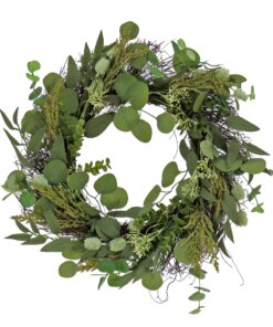22 in. Spring Wreath with Eucalyptus Leaves, Baby's Breath, Flowing Green Stems