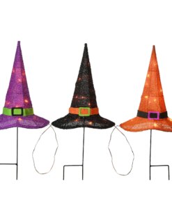 23 in. Halloween Orange, Black and Purple Witch's Hat Garden Stakes with LED Lights