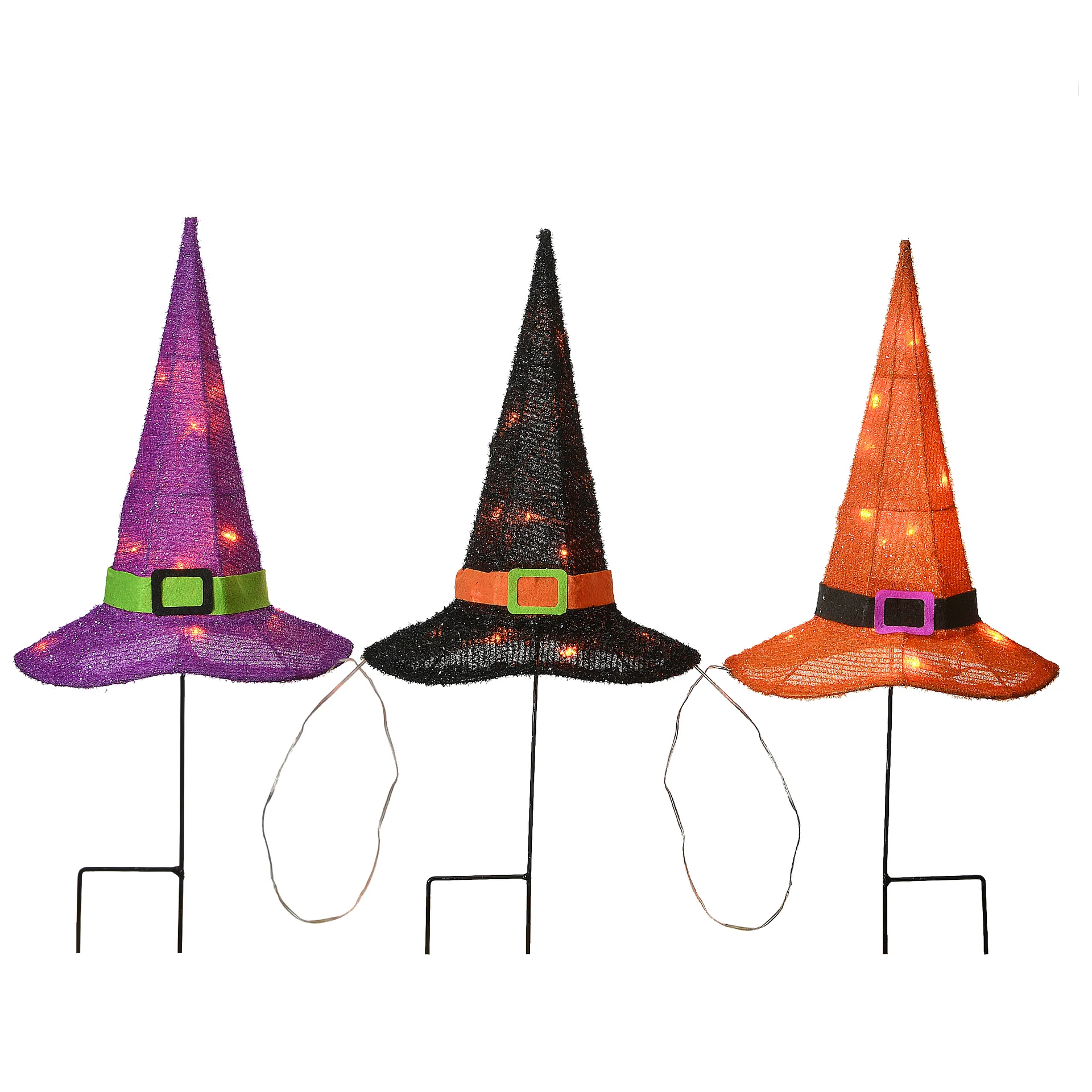 23 in. Halloween Orange, Black and Purple Witch's Hat Garden Stakes with LED Lights