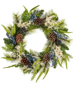 24 in. Blueberry Fields Wreath featuring lush green branches, pinecones, and blueberries