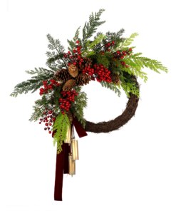 24 in. Christmas Joy Chimes Wreath featuring lush green branches and vibrant red berries