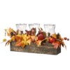 24 in. Fall Centerpiece, Decorated With Maple Leaves, Pomegranates, Pine Cones, Holds Three Candles