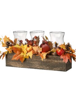 24 in. Fall Centerpiece, Decorated With Maple Leaves, Pomegranates, Pine Cones, Holds Three Candles