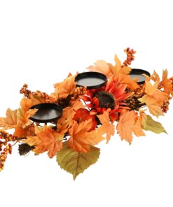 24 in. Fall Centerpiece, Three Candle Holders, Decorated with Sunflower Blooms, Pinecones, Berry Clusters