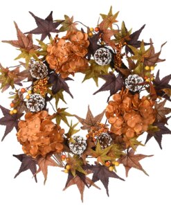 24 in. Fall Wreath with Hydrangeas, Maple Leaves, Pinecones, Berry Clusters