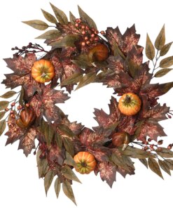 24 in. Fall Wreath with Pumpkins, Berry Clusters, Ivy, Maple Leaves