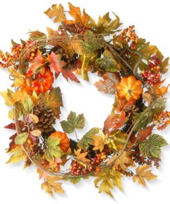 24 in. Fall Wreath with Pumpkins, Pinecones, Berry Clusters, Maple Leaves