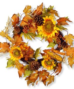 24 in. Fall Wreath with Sunflowers, Pinecones, Berry Clusters, Corncobs, Maple Leaves