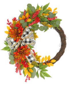 24 in. Fall Wreath with Twig, Dahlia, Eucalyptus and Bow