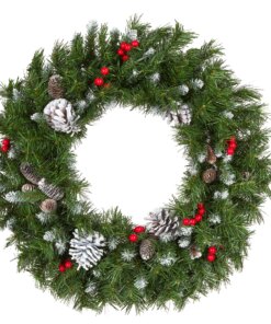 24 in. Frosted Berry Wreath with Pine Cones and Red Berries