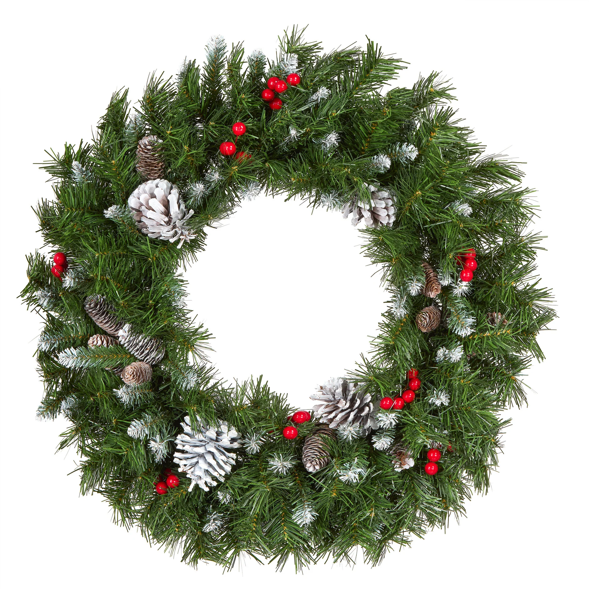24 in. Frosted Berry Wreath with Pine Cones and Red Berries