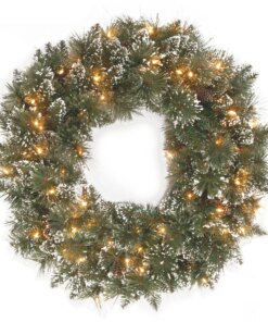 24 in. Glittery Bristle Pine Wreath with Clear Lights, Plug-In