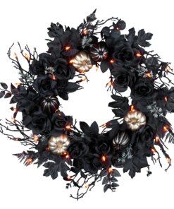 24 in. Halloween Chic Eek Black and Gold Wreath with LED Lights
