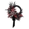 24 in. Halloween Red Widow Wreath with Black Ribbon featuring blood red eucalyptus leaves and black and red florals