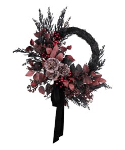 24 in. Halloween Red Widow Wreath with Black Ribbon featuring blood red eucalyptus leaves and black and red florals